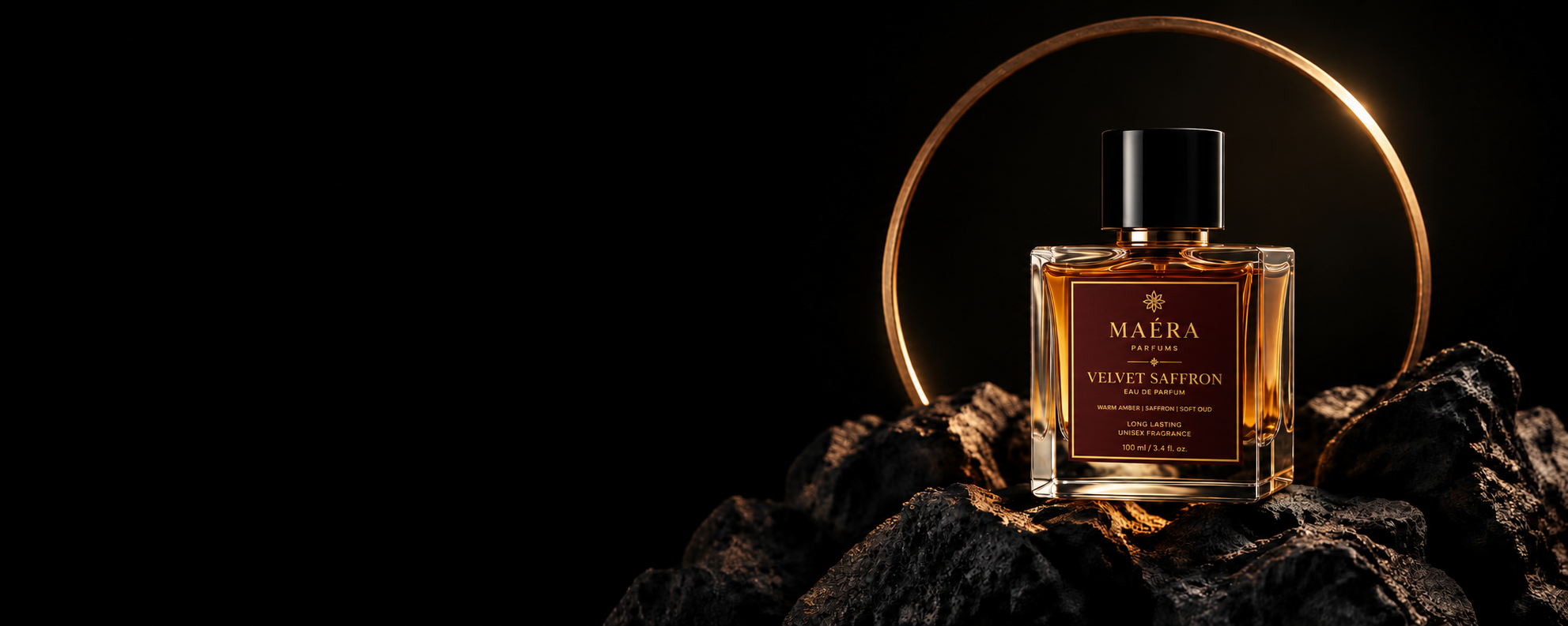 Amber perfume bottle on a cinematic rock set